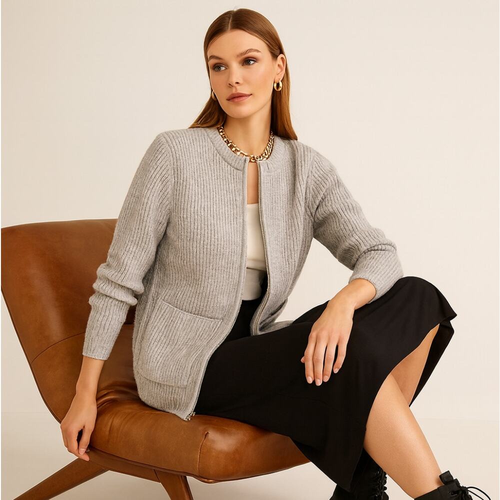 EVEREVE Harlow Zip Front Cardigan Sweater Heather Gray Sz XS $138 {QQ11}